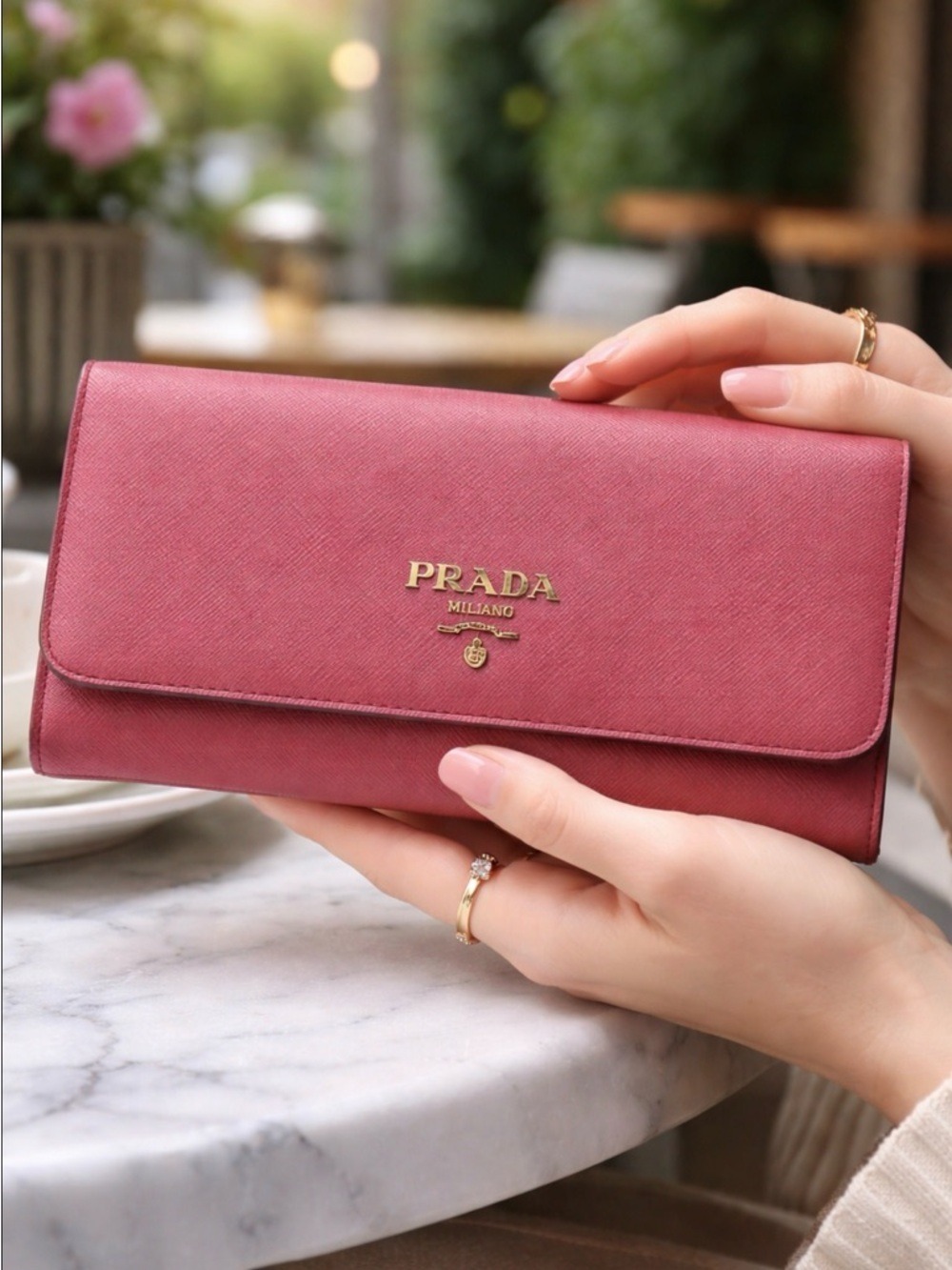 PRADA PINK ROSE SAFFIANO LEATHER LONG WALLET BIFOLD DUAL SNAP LOGO AUTHENTIC
